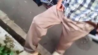 Amateur Porn Shiny satin khaki pants trousers caught in public Whatsapp