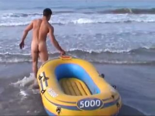 Masterbation Nude hunk plays with an inflatable boat. Cum Swallow