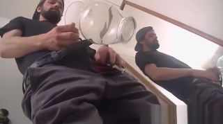 Trans Bearded straight dude tugging and spraying the mirror Ampland