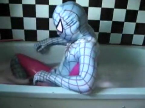 Femdom Porn Sexual Wetlook Washroom 9: Light Blue & Pink Spiderman Zentai Phat - 1